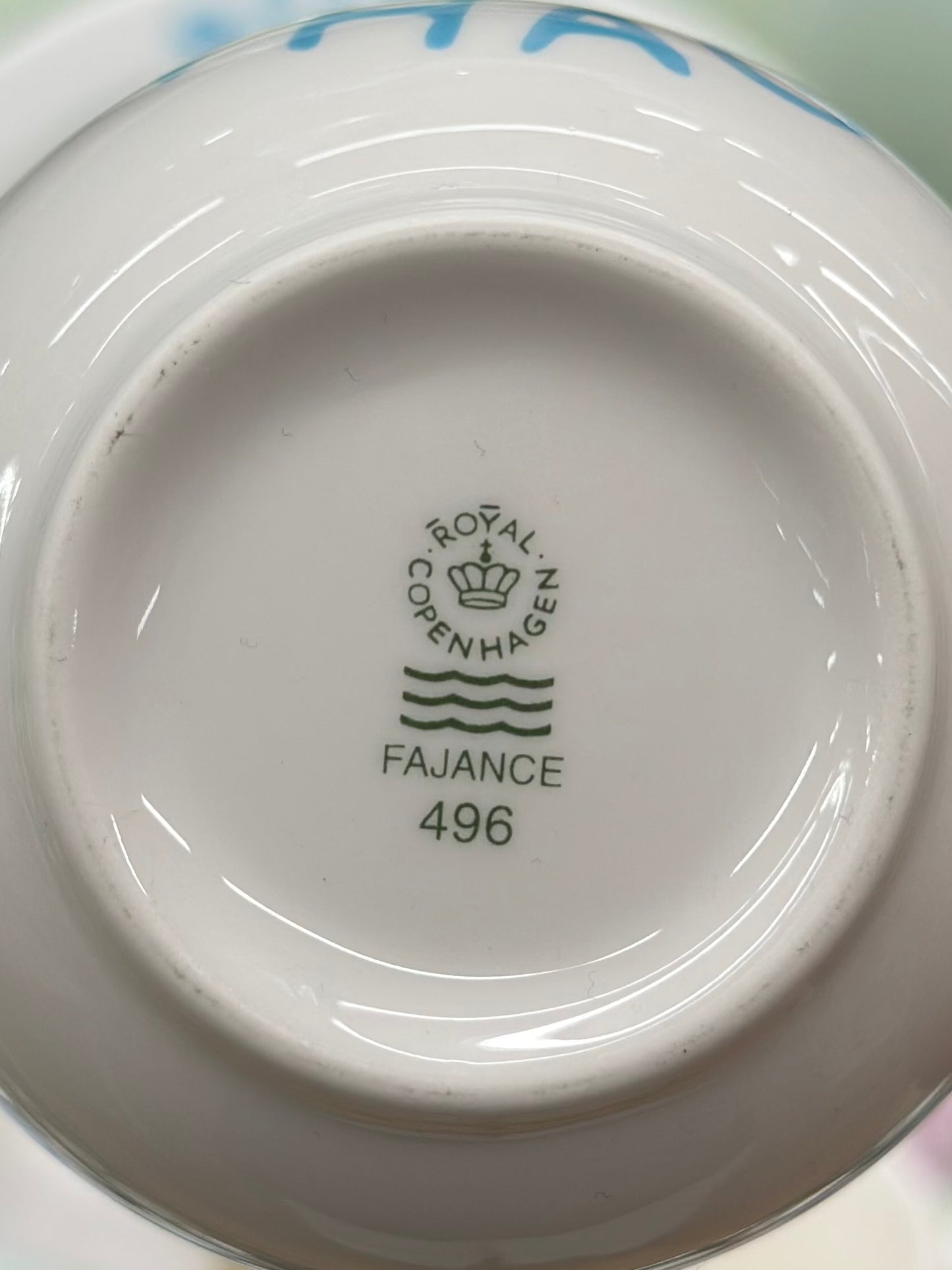 PAIR: ROYAL COPENHAGEN Fajance Logo Mugs #496 | Light Blue | Vintage Danish Faience Set