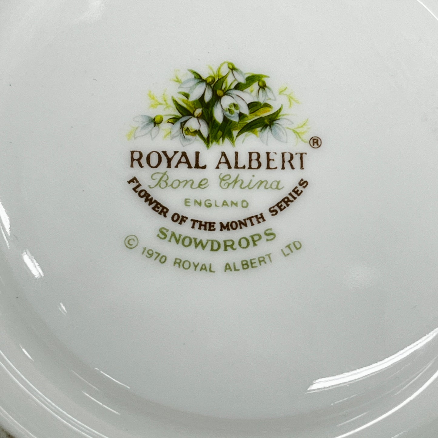 Vintage Royal Albert cup and saucer, Flower of the Month January, "Snowdrops"