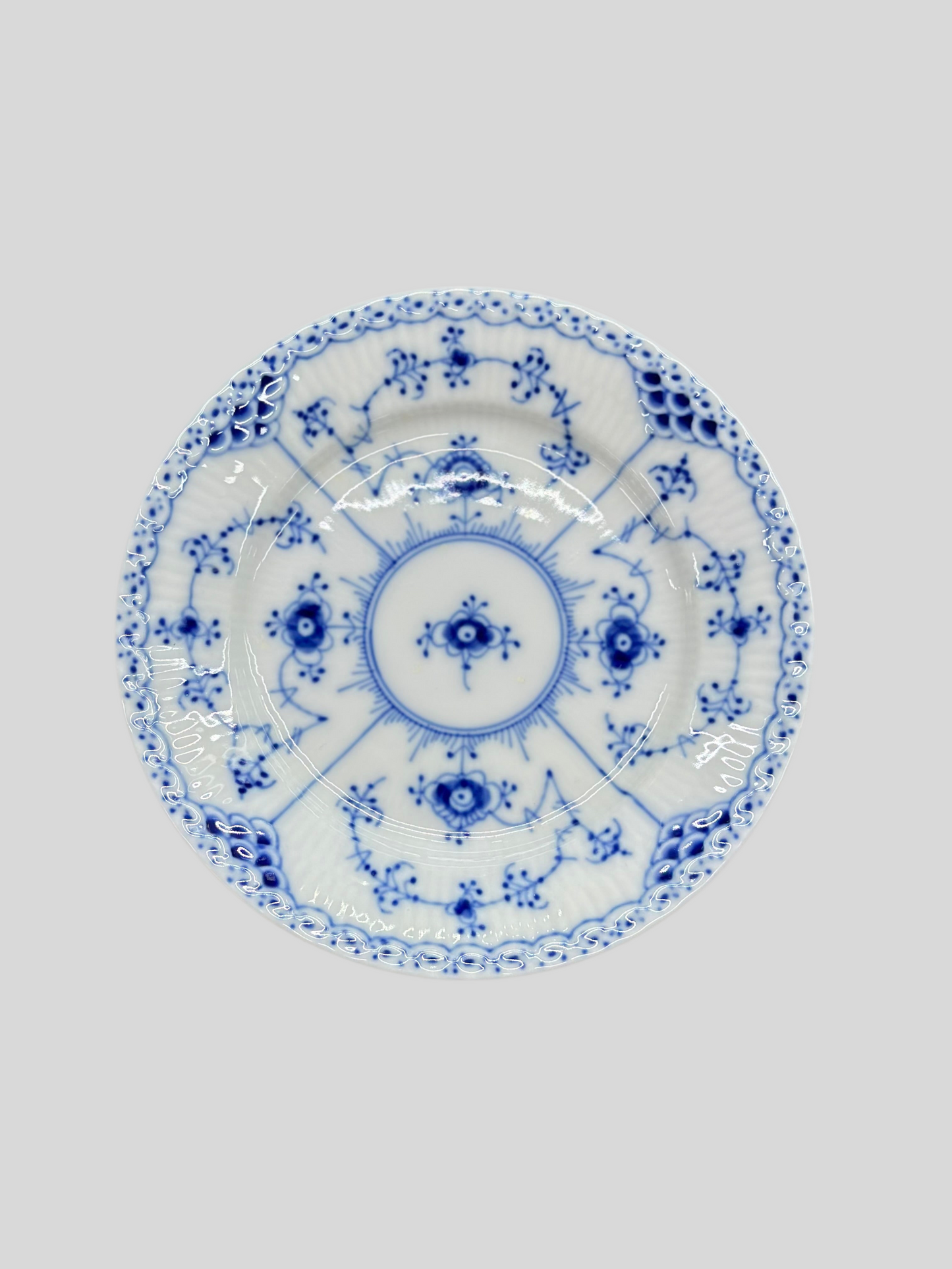 Royal Copenhagen Blue Fluted Half Lace Trio Set - Cup & Saucer (#719) and Cake Plate (#575)