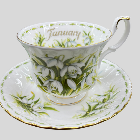 Vintage Royal Albert cup and saucer, Flower of the Month January, "Snowdrops"
