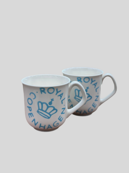 PAIR: ROYAL COPENHAGEN Fajance Logo Mugs #496 | Light Blue | Vintage Danish Faience Set