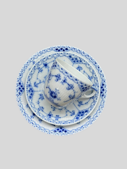 Royal Copenhagen Blue Fluted Half Lace Trio Set - Cup & Saucer (#719) and Cake Plate (#575)