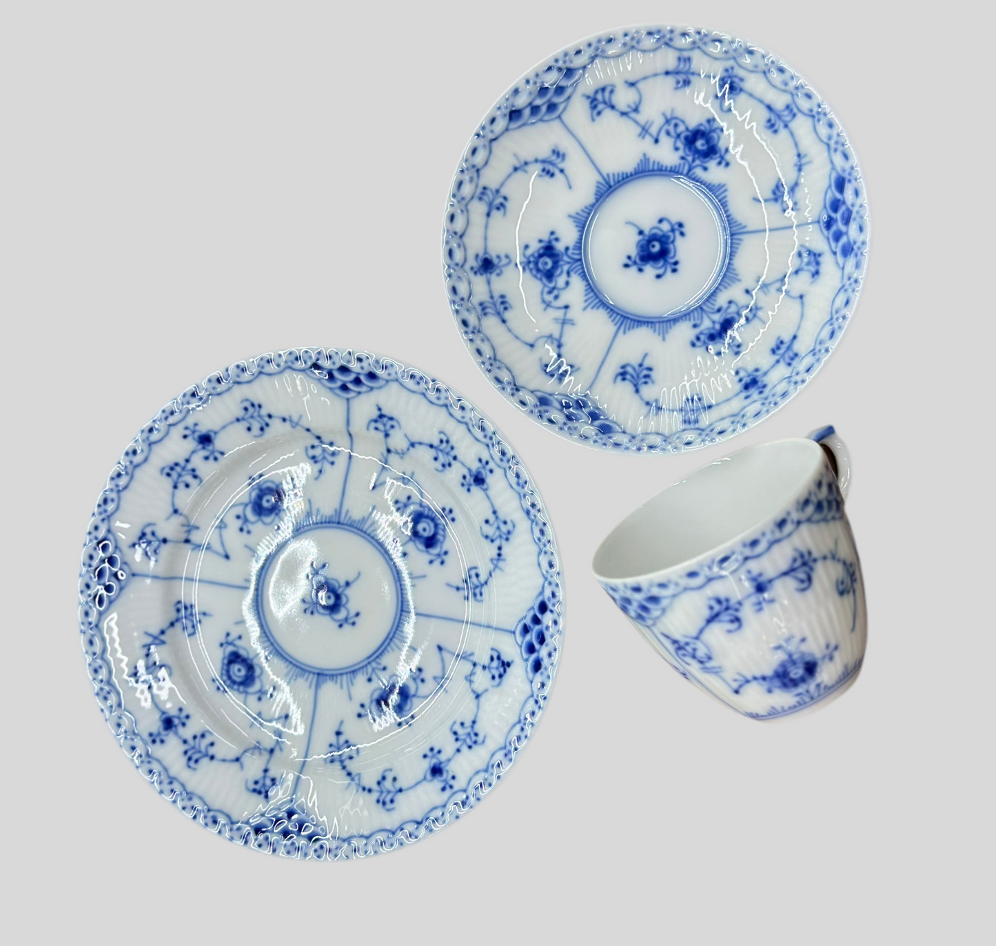 Royal Copenhagen Blue Fluted Half Lace Trio Set - Cup & Saucer (#719) and Cake Plate (#575)