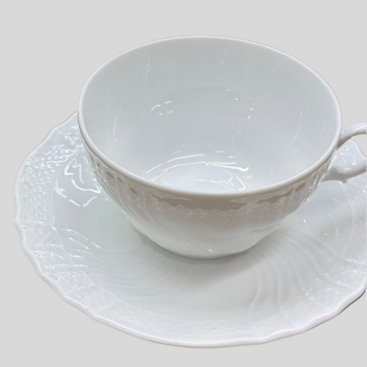 RICHARD GINORI White Rilievo Teacup & Saucer Set | Embossed Swirl Porcelain | MINT CONDITION