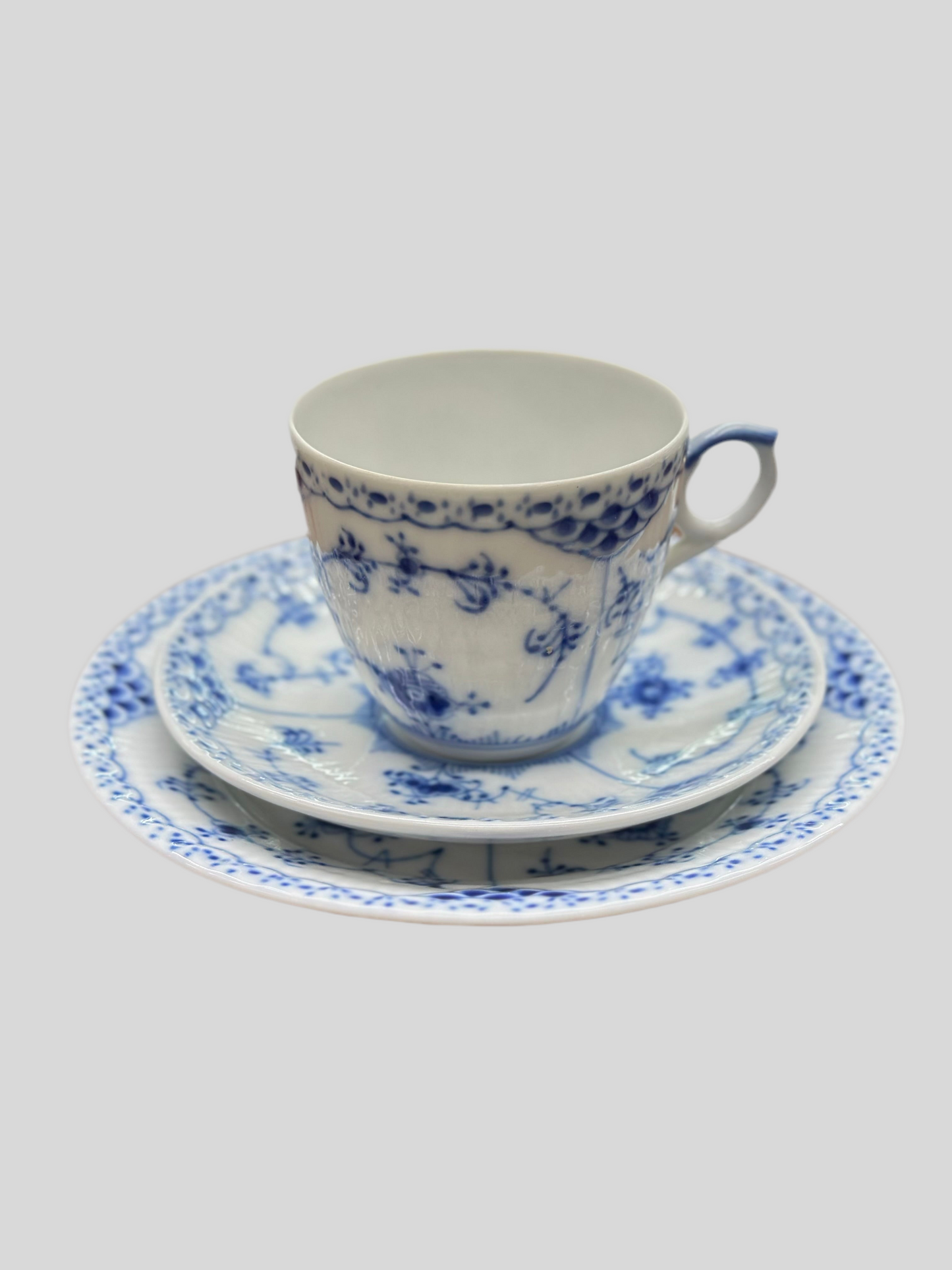 Royal Copenhagen Blue Fluted Half Lace Trio Set - Cup & Saucer (#719) and Cake Plate (#575)