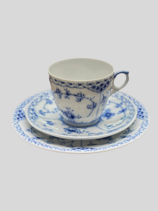 Royal Copenhagen Blue Fluted Half Lace Trio Set - Cup & Saucer (#719) and Cake Plate (#575)