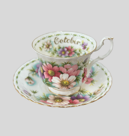 Vintage Royal Albert October Cosmos Flower of the Month Teacup Duo | Fine Bone China Made in England Collectible | OOKII