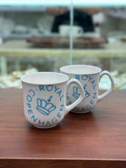 PAIR: ROYAL COPENHAGEN Fajance Logo Mugs #496 | Light Blue | Vintage Danish Faience Set