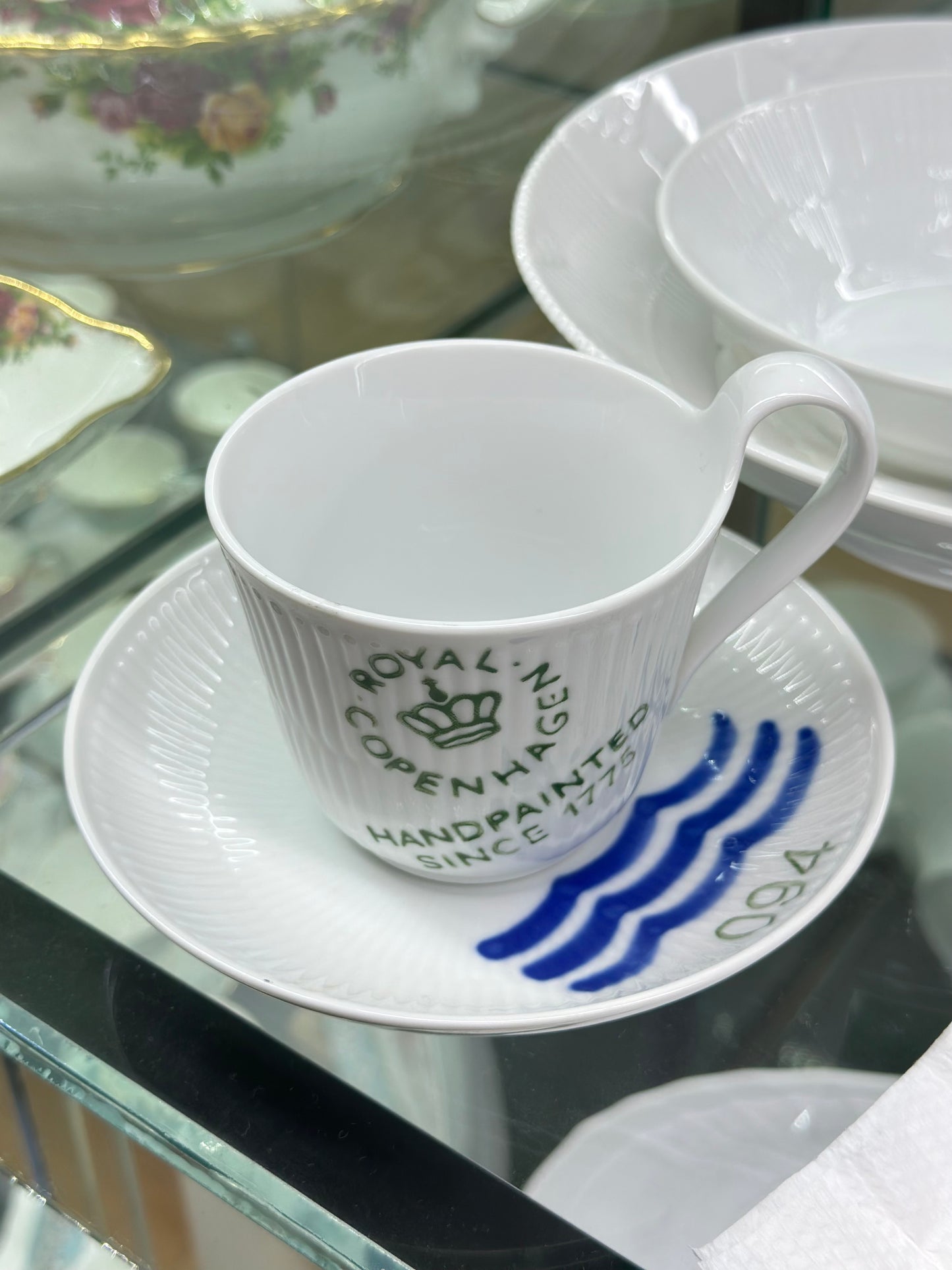 ROYAL COPENHAGEN Fluted Logo Cup & Saucer Set #093 | 25cl | Hand-Painted Mark | VGC