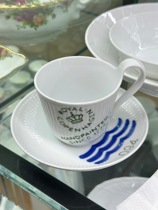 ROYAL COPENHAGEN Fluted Logo Cup & Saucer Set #093 | 25cl | Hand-Painted Mark | VGC