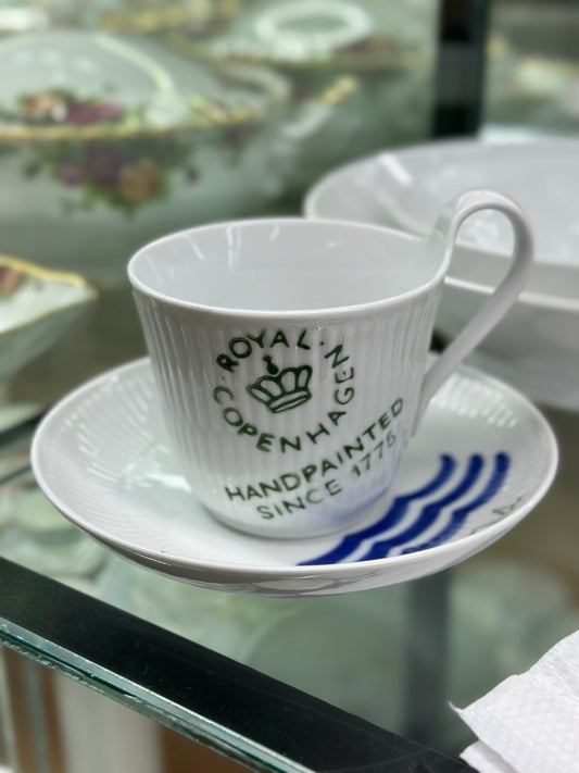 ROYAL COPENHAGEN Fluted Logo Cup & Saucer Set #093 | 25cl | Hand-Painted Mark | VGC