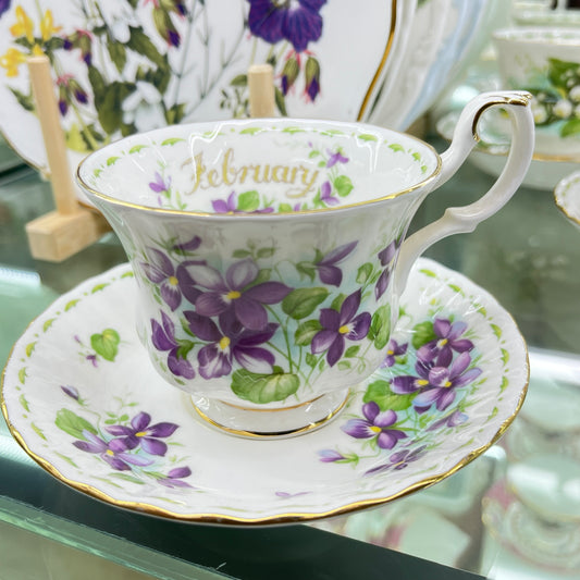Vintage Royal Albert China Flower of the Month Series February Violets tea cup & saucer duo