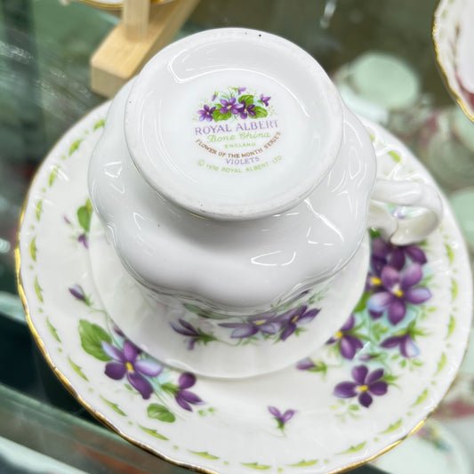 Vintage Royal Albert China Flower of the Month Series February Violets tea cup & saucer duo