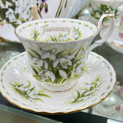 Vintage Royal Albert cup and saucer, Flower of the Month January, "Snowdrops"
