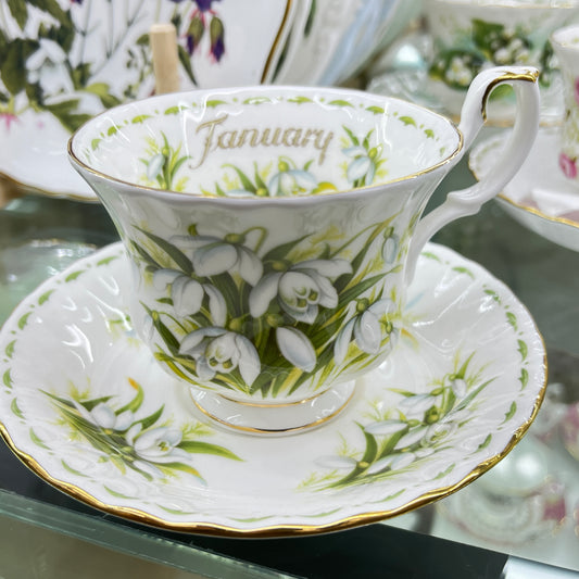 Vintage Royal Albert cup and saucer, Flower of the Month January, "Snowdrops"