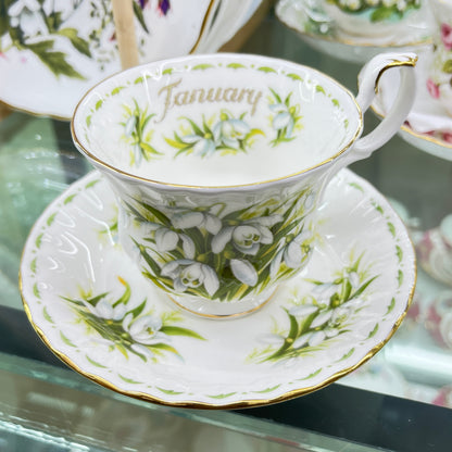 Vintage Royal Albert cup and saucer, Flower of the Month January, "Snowdrops"