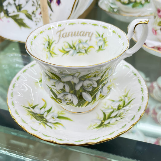 Vintage Royal Albert cup and saucer, Flower of the Month January, "Snowdrops"