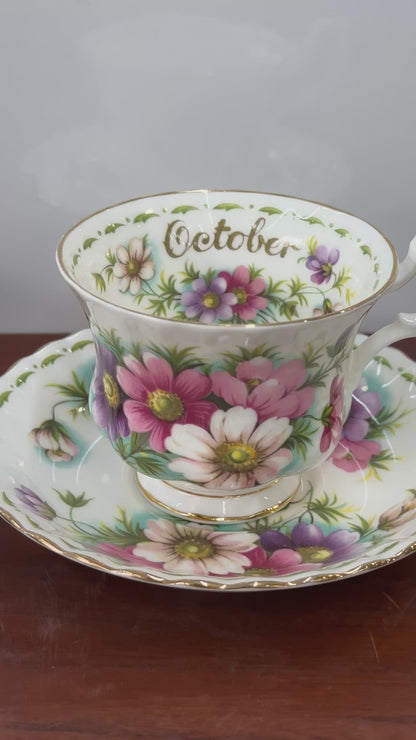 Vintage Royal Albert October Cosmos Flower of the Month Teacup Duo | Fine Bone China Made in England Collectible | OOKII